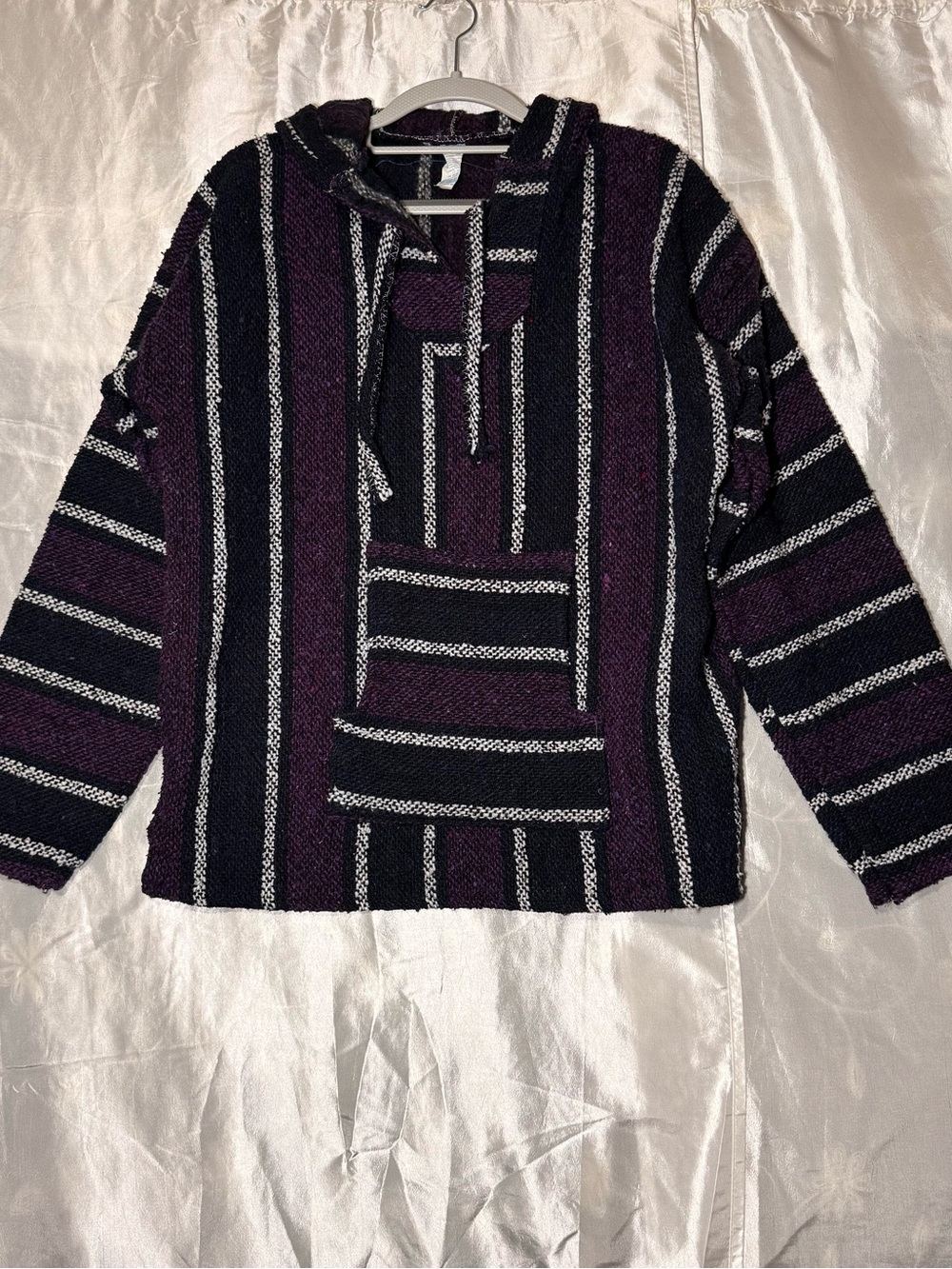 La Malinche Hoodie Mens Sz Large Long Sleeve Purpl Striped Poncho Made In Mexico